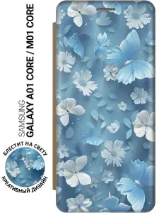 Чехол-книжка на Samsung Galaxy A01 Core / M01 Core с принтом "Голубые бабочки" золотой