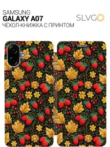 Чехол-книжка на Samsung Galaxy A07 с принтом Вышитые землянички, bkg