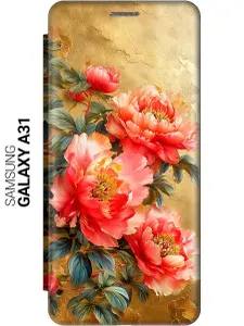 Чехол-книжка на Samsung Galaxy A31 с принтом "Винтажные пионы" золотой