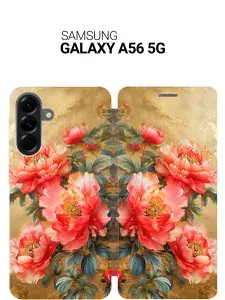 Чехол-книжка на Samsung Galaxy A56 с принтом "Винтажные пионы" золотой