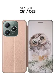 Чехол-книжка на Realme C61 / C63 с принтом "Совенок" золотой