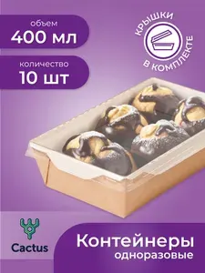 Контейнер одноразовый для еды, салатник: крафт коробка для хранения с крышкой и транспортировки продуктов 400 мл, 10 штук, Cactus