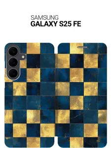 Чехол-книжка на Samsung Galaxy S25 FE с принтом "Сине-золотая плитка" черный