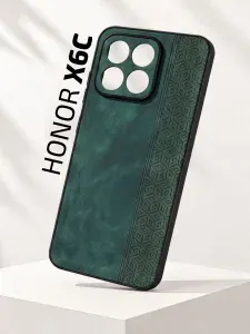Чехол кожаный на Honor X6c (Чехол на Хонор Х6с) с защитой камеры, геометрия, зеленый