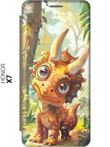 Чехол-книжка на Honor X7 / Хонор Х7 с рисунком "Малыш-динозавр" золотой