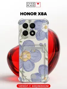 Чехол на Honor X8A (Хонор Х8А) с карманом и принтом "Легкие синие цветы"