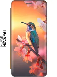 Чехол-книжка на Huawei nova Y61 / Хуавей У61 с рисунком "Птичка и закат" золотой