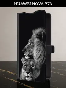 Чехол-книжка на Huawei Nova Y73 (Хуавей Нова Y73) с картой и принтом "Львиная пара"