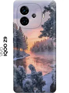 Чехол на vivo IQOO Z9 с принтом "Река в заснеженном лесу"