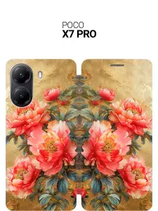Чехол-книжка на Poco X7 Pro с принтом "Винтажные пионы" золотой
