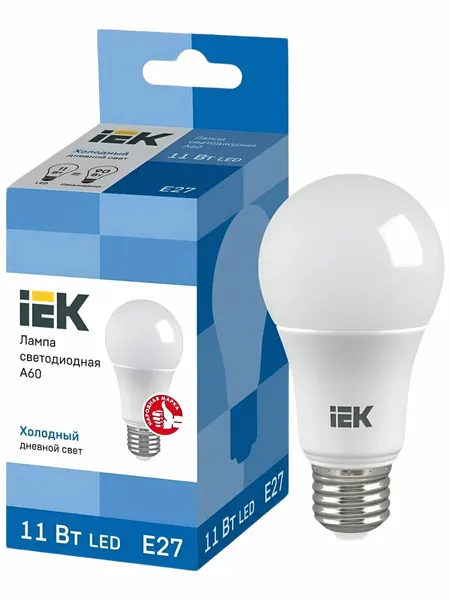 Лампа светодиодная ECO A60 IEK, 11Вт, грушевидная 230В, 6500К, E27, Арт: LLE-A60-11-230-65-E27.