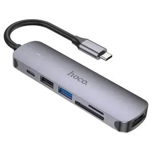 Type-C хаб 6в1 hoco HB28 (USB-C USB2.0 USB3.0 Card Reader SD microSD + HDMI) / хаб для MacBook / серый+черный