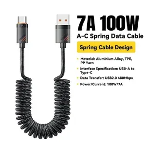 Кабель спиральный в Авто / 1.8 м / 100 W / USB - USB TYPE C Essager 6А для Samsung Xiaomi Poco F3 OPPO Realme Oneplus Huawei P40 Nava Honor / Шнур для быстрой зарядки и передачи данных / Шнур тайпси