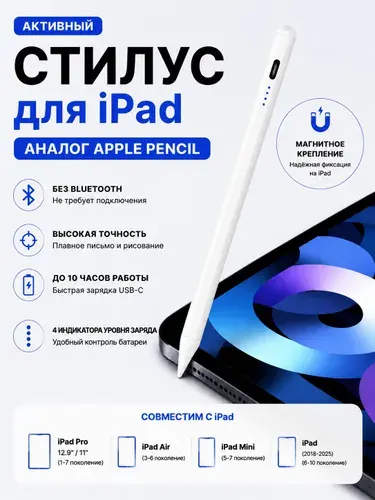 Стилус для iPad A16 11 2025, Pro/Air/Mini, активный карандаш аналог Apple Pencil для планшетов, высокая точность, без Bluetooth, для рисования и заметок