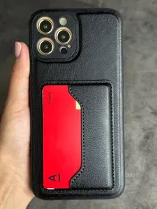 Чехол на iPhone 12 Pro Max черный c двумя карманами для банковских карт и подставкой.