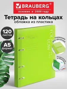 Тетрадь на кольцах А5 в клетку со сменным блоком 175х220 мм 120 листов, обложка пластик, разделители, Brauberg