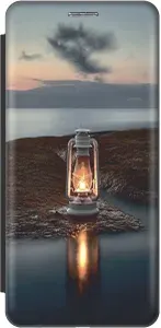 Чехол-книжка на Apple iPhone 13 / Эпл Айфон 13 с 3D принтом "Фонарь на берегу" черный