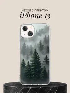 Чехол на iPhone 13 с принтом Туманный хвойный лес