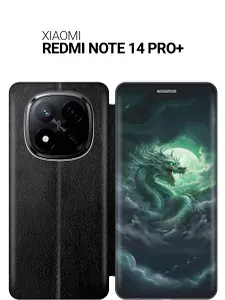 Чехол-книжка на Xiaomi Redmi Note 14 Pro+ с принтом "Дракон на фоне луны и облаков" черный