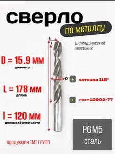 Сверло по металлу, цилиндрический хвостовик,ц/х, 15.9 мм. Р6М5 с*