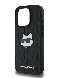Чехол Karl Lagerfeld PU Grained на Apple iPhone 16 Pro Max из зернистой экокожи, с металлическим логотипом NFT Choupette, принтом Monogram, черный