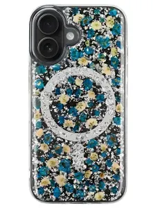 Чехол K-DOO MAG Flowers iPhone 16, синий(small) c поддержкой беспроводной зарядки