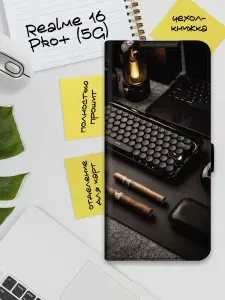Чехол-книжка для Realme 16 Pro+ с принтом, черный