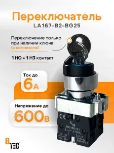 Переключатель на 2 положения, с ключом, с фиксацией ELTEC LA167-B2-BG25 (1NO+1NC)