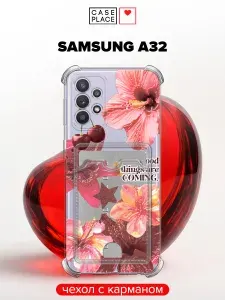 Чехол на Samsung Galaxy A32 (Самсунг А 32) с карманом и принтом "Черешня и цветы 2"