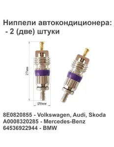 Ниппели (золотники) автокондиционера - 2 (две) штуки: для BMW, MERCEDES BENZ, VAG. Артикул: 8E0820855, A0008320285, 64536922944. Китай