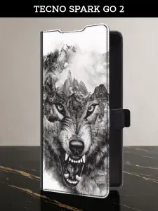 Чехол-книжка на Tecno Spark Go 2 (Текно Спарк Го 2) с картой и принтом "Волк в горах"