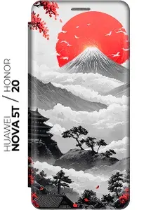 Чехол-книжка на Honor 20 / Huawei Nova 5T с принтом "Японский восход" золотой