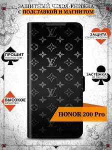 Чехол книжка для Honor 200 Pro (Хонор 200 Про) с принтом, черный