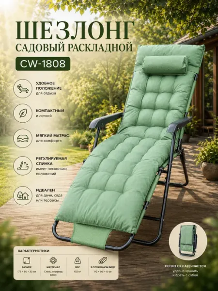 GOODSTORAGE Кресло шезлонг с матрасом для отдыха CW-1808, зеленый