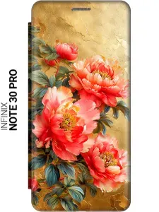 Чехол-книжка на Infinix Note 30 Pro с принтом "Винтажные пионы" золотой