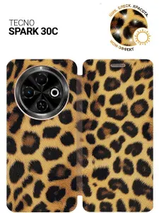 Чехол-книжка на Tecno Spark 30C с принтом "Леопардовый паттерн" золотой