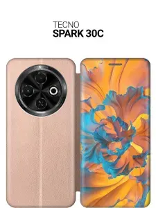 Чехол-книжка на Tecno Spark 30C с принтом "Желто-голубой цветок" золотой