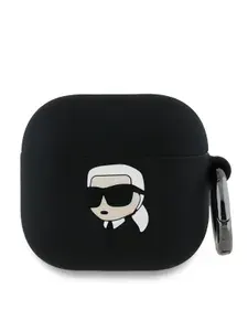 Чехол Karl Lagerfeld для наушников Apple Airpods 4 Silicone силиконовый c эффектом софт тач с карабином, NFT 3D Karl, черный
