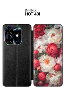 Чехол-книжка на Infinix Hot 40i / Инфиникс Хот 40 ай с рисунком "Бело-красные пионы" черный