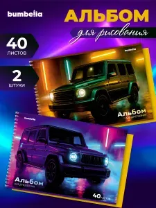 Альбом для рисования А4, 40 листов, комплект 2шт., школьный детский, на пружине, обложка картон, bumbelia