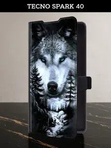 Чехол-книжка на Tecno Spark 40 (Текно Спарк 40) с картой и принтом "Волк в зимнем лесу"