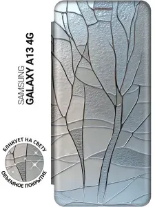 Чехол-книжка на Samsung Galaxy A13 4G с принтом "Зимние деревья" золотой