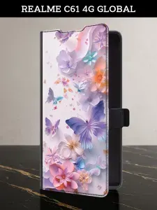 Чехол-книжка на Realme C61 4G (Global) (Реалми С61 4G) с картой и принтом "Лиловые бабочки"