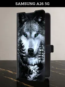 Чехол-книжка на Samsung A26 5G (Самсунг А26 5G) с картой и принтом "Волк в зимнем лесу"