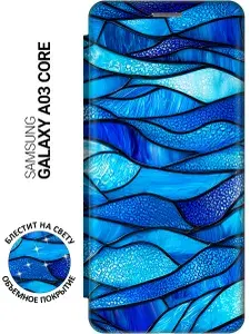 Чехол-книжка на Samsung Galaxy A03 Core с принтом "Синий витраж" золотой