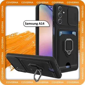Чехол противоударный на Samsung A14, для Самсунг А14 с защитной шторкой для камеры, карманом для карт и кольцом подставкой, черный