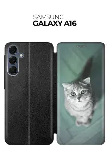 Чехол-книжка на Samsung Galaxy A16 с принтом "Котик на зеленом полу" черный