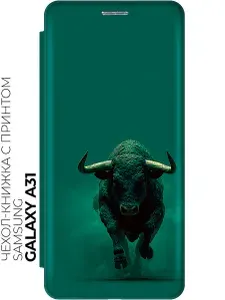 Чехол-книжка на Samsung Galaxy A31 с принтом "Могучий бык" черный