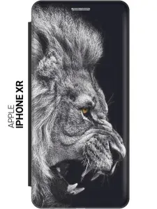 Чехол-книжка на Apple iPhone XR / Эпл Айфон Икс Эр с рисунком "Морда льва" черный