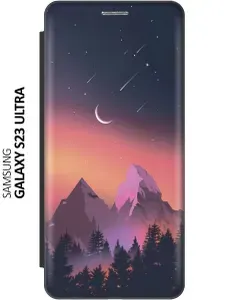 Чехол-книжка на Samsung Galaxy S23 Ultra, Самсунг С23 Ультра c принтом "Горы и звездопад" черный